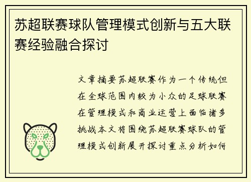 苏超联赛球队管理模式创新与五大联赛经验融合探讨